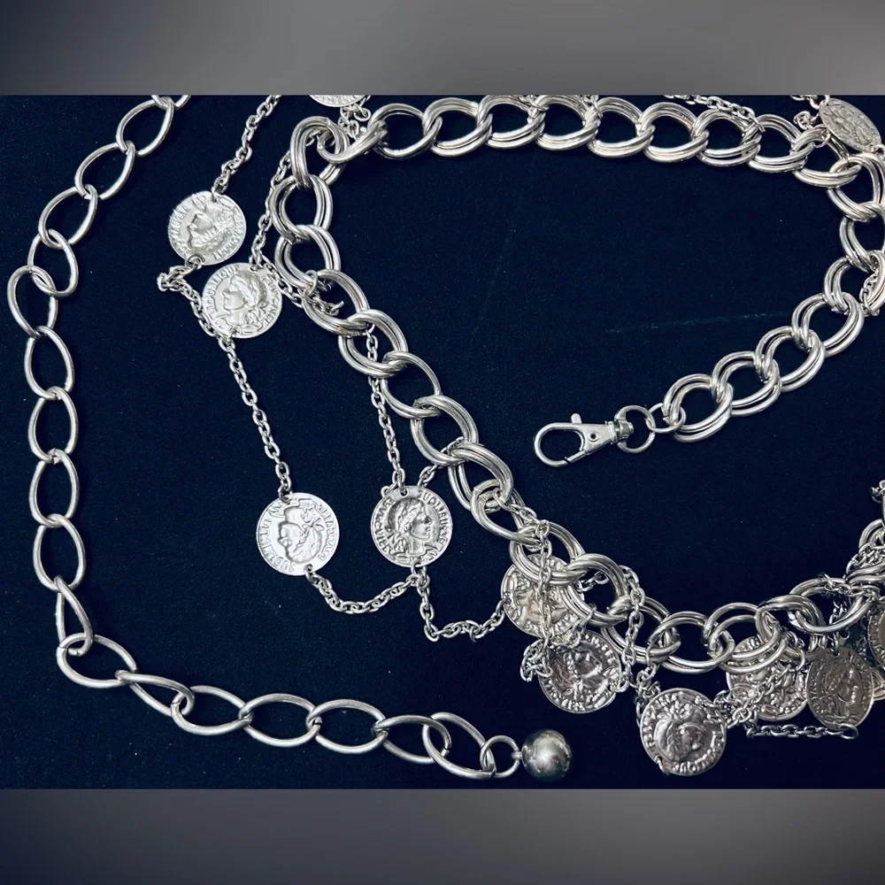Vintage Silver Tone Coin Chain Link Belt - Picture 3 of 10